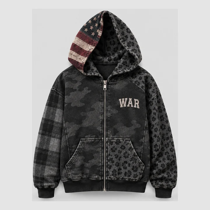 Blackout Patchwork WAR Zip Hoodie front concept view