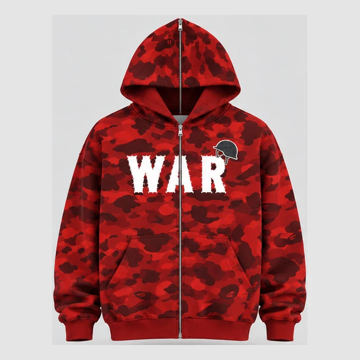 Red Camo WAR Zip Hoodie front concept view